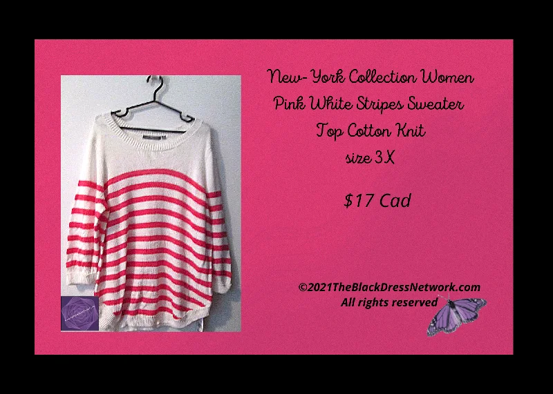 New-York Collection Plus 3X Women Pink White Stripes Sweater Top Cotton Knit