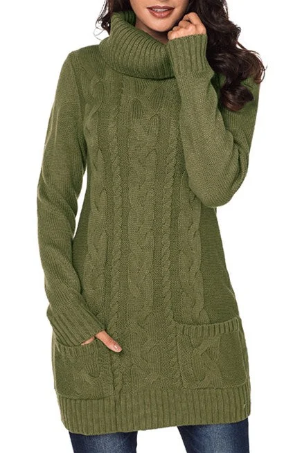 Olive Cowl Neck Pocket Cable Knit Sweater Dress