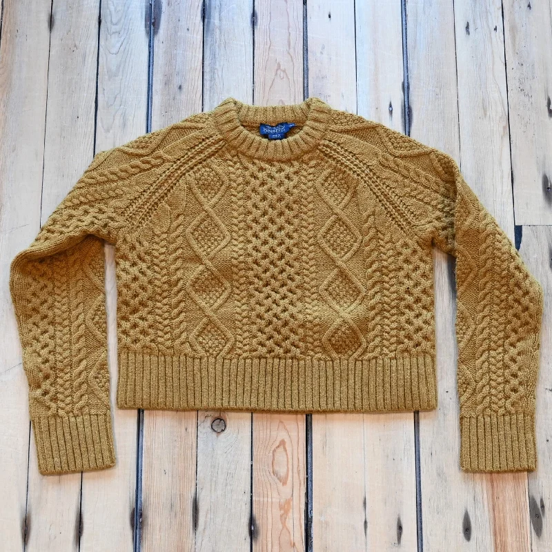 Pendleton Ladies Cropped Fisherman Cable Knit Wool Sweater in Deep Gold