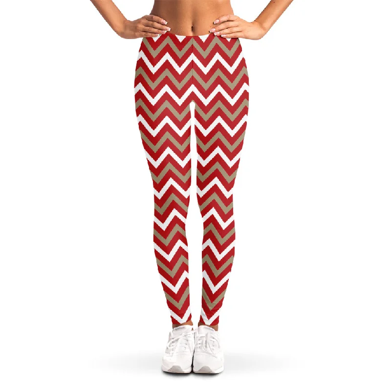 Red Beige And White Chevron Print Women's Leggings