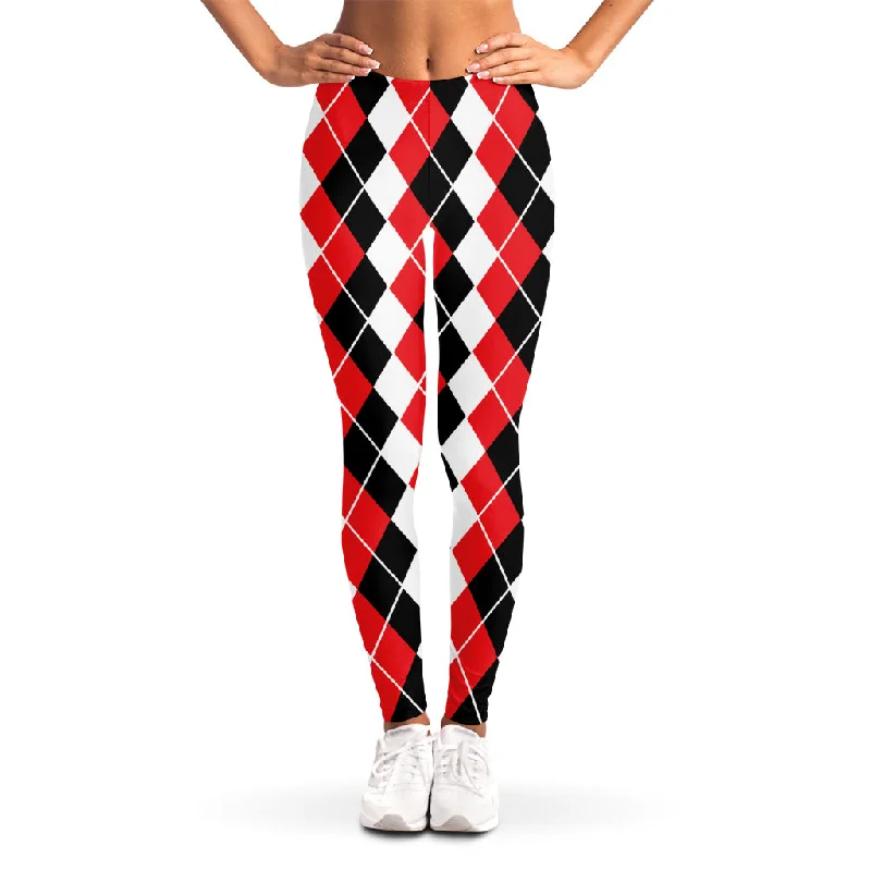 Red Black And White Argyle Print Women's Leggings