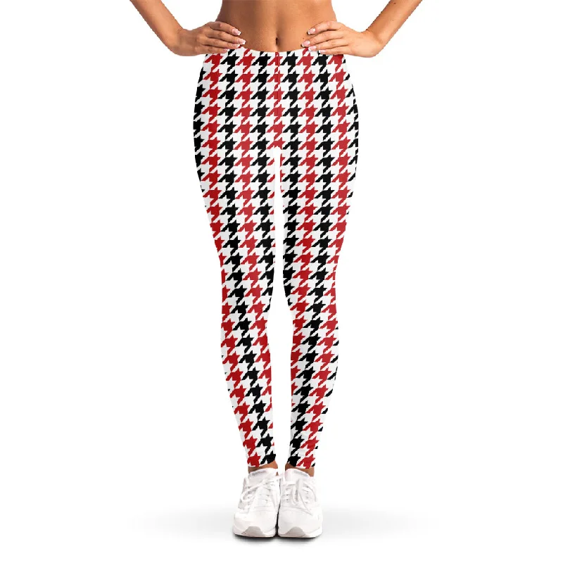 Red Black And White Houndstooth Print Women's Leggings