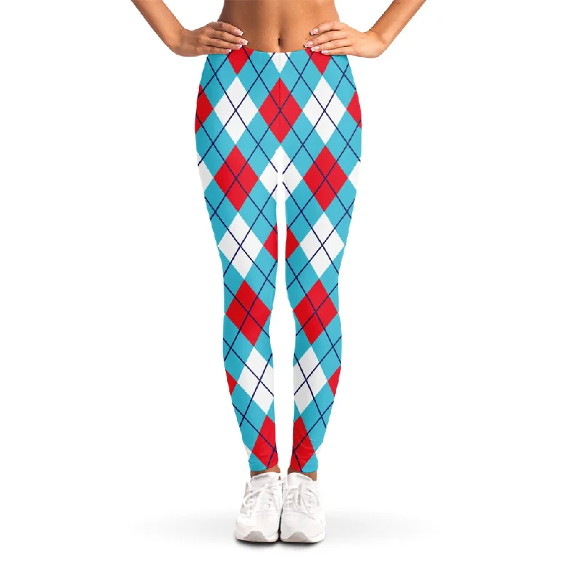 Red Blue And White Argyle Pattern Print Women's Leggings