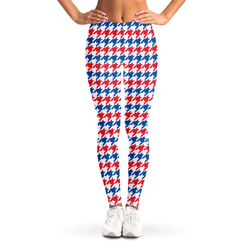 Red Blue And White Houndstooth Print Women's Leggings