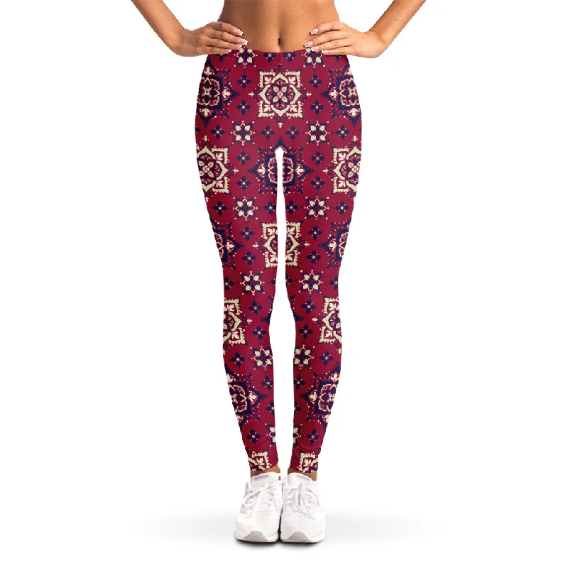 Red Boho Flower Pattern Print Women's Leggings