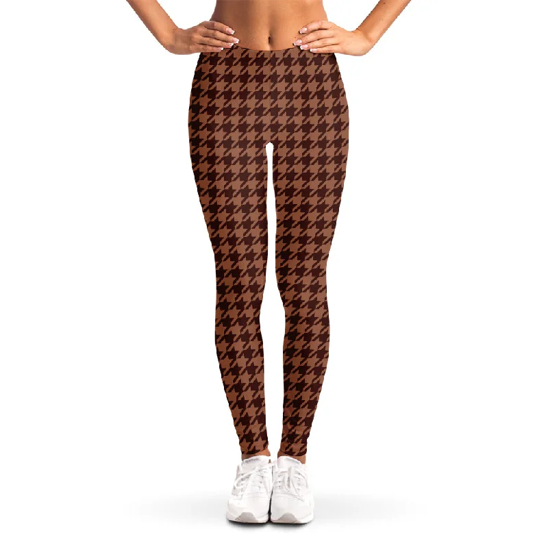 Red Brown Houndstooth Pattern Print Women's Leggings