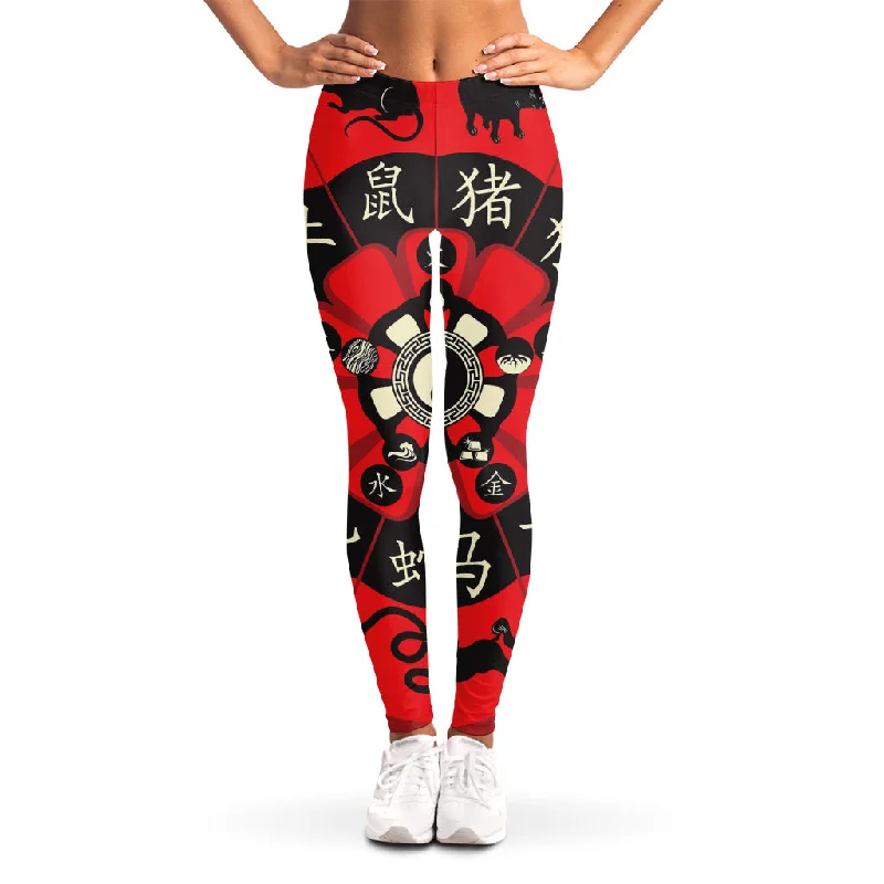 Red Chinese Zodiac Wheel Print Women's Leggings