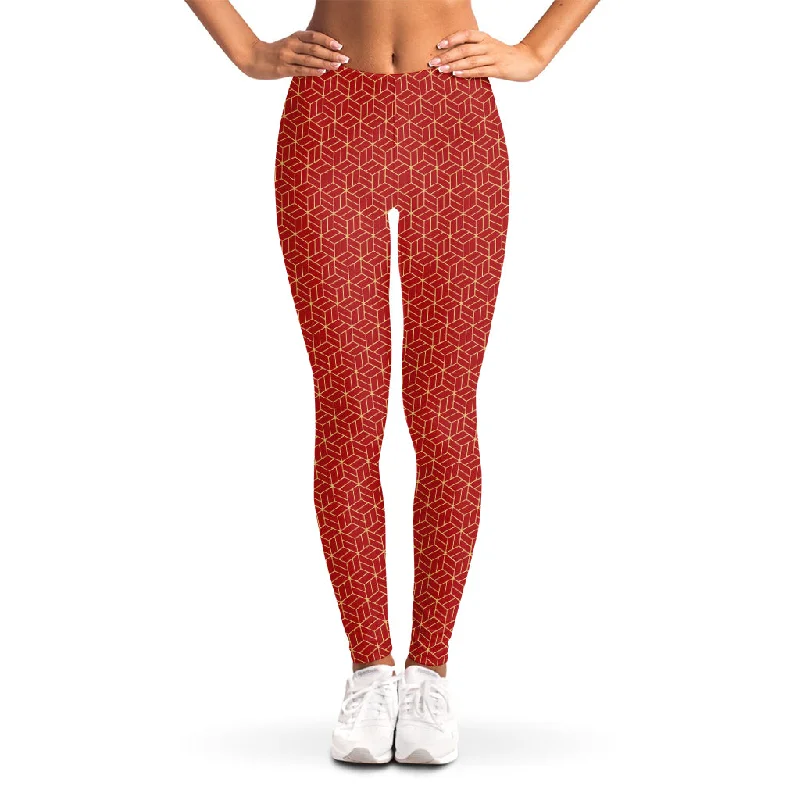 Red Geometric Japanese Pattern Print Women's Leggings