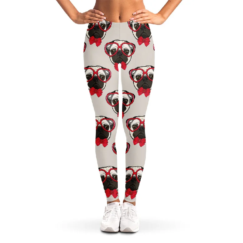 Red Glasses Pug Pattern Print Women's Leggings