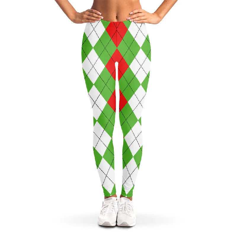 Red Green And White Argyle Pattern Print Women's Leggings