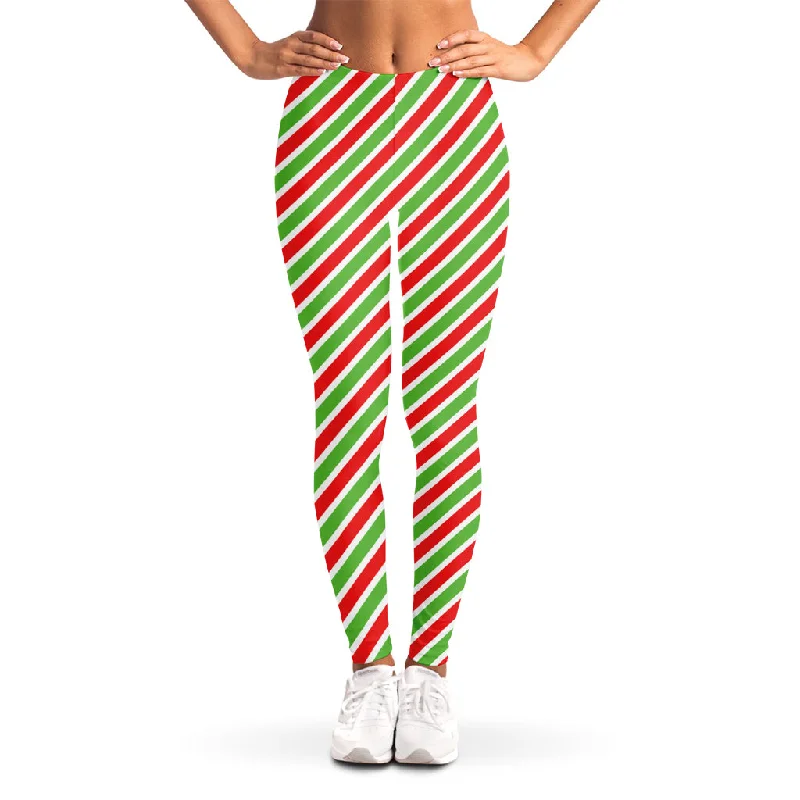 Red Green And White Candy Cane Print Women's Leggings