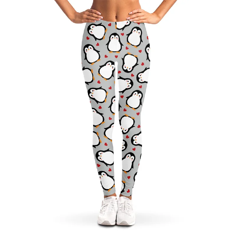 Red Heart And Penguin Pattern Print Women's Leggings