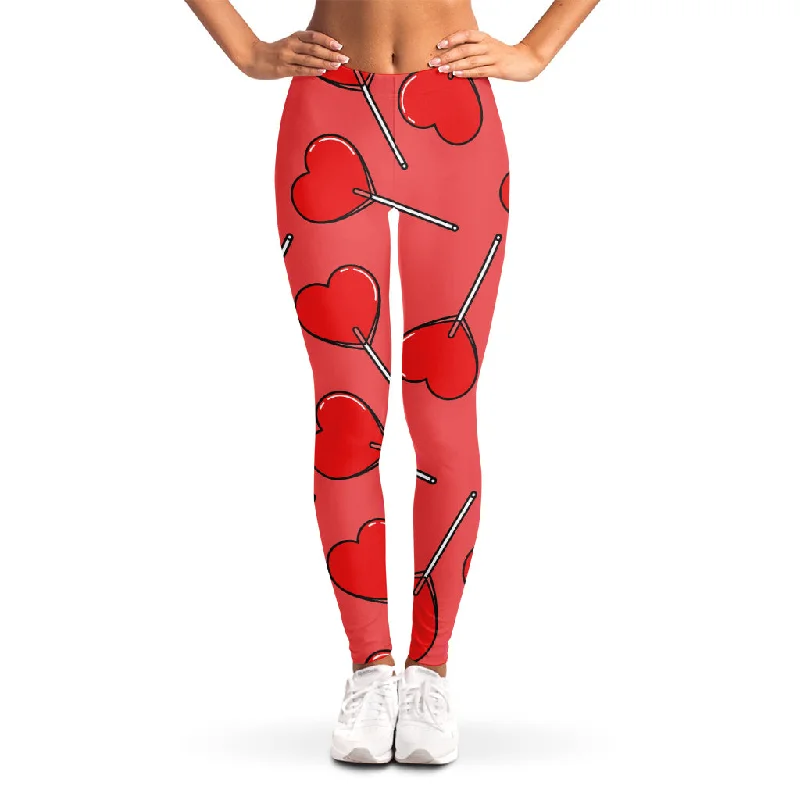 Red Heart Lollipop Pattern Print Women's Leggings