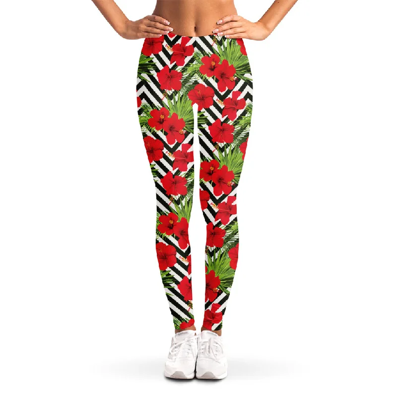 Red Hibiscus Chevron Pattern Print Women's Leggings