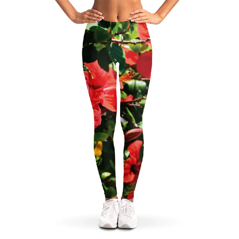 Red Hibiscus Flowers Print Women's Leggings