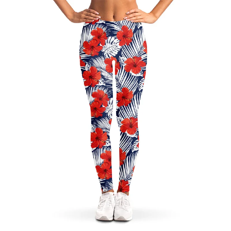 Red Hibiscus Tropical Pattern Print Women's Leggings