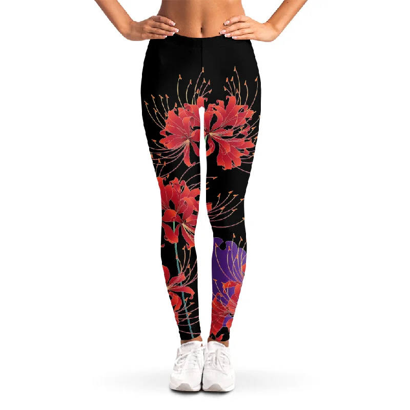 Red Japanese Amaryllis Pattern Print Women's Leggings