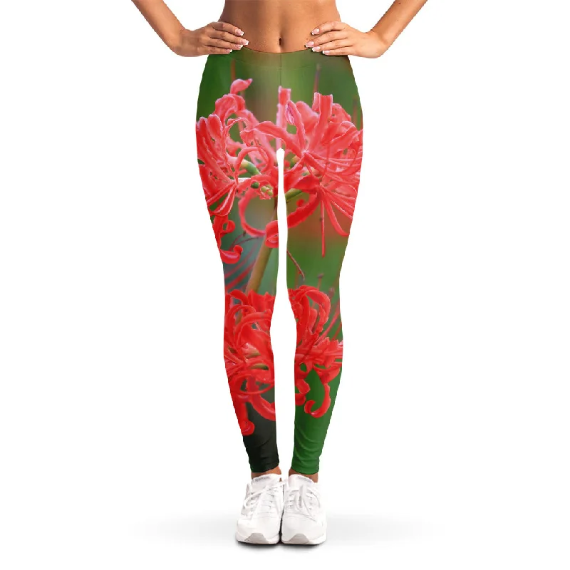 Red Japanese Amaryllis Print Women's Leggings