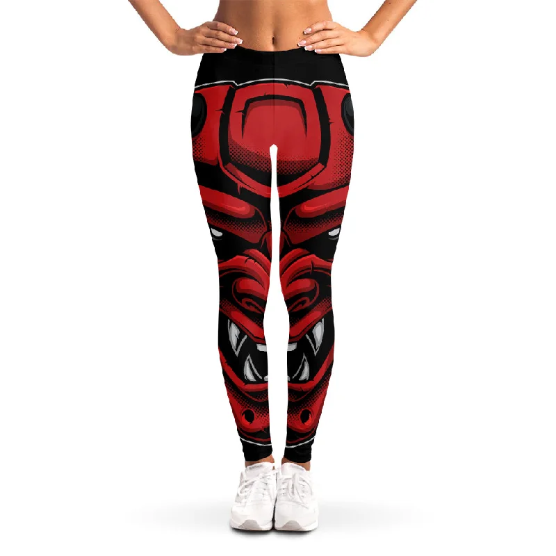 Red Japanese Demon Mask Print Women's Leggings