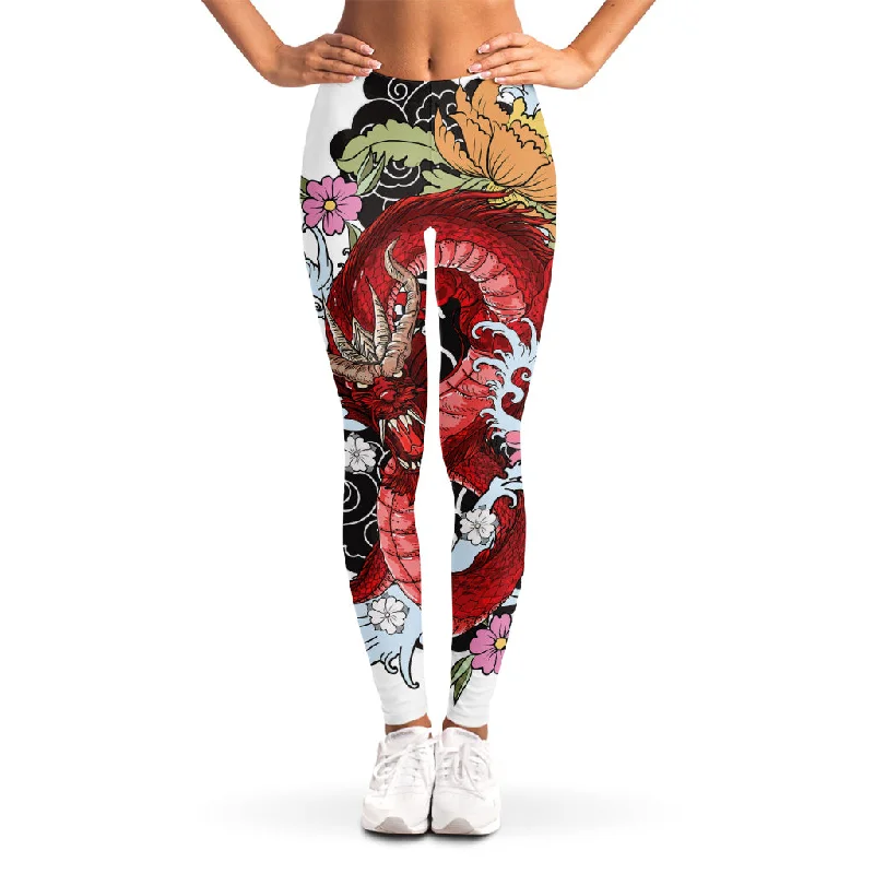 Red Japanese Dragon Tattoo Print Women's Leggings