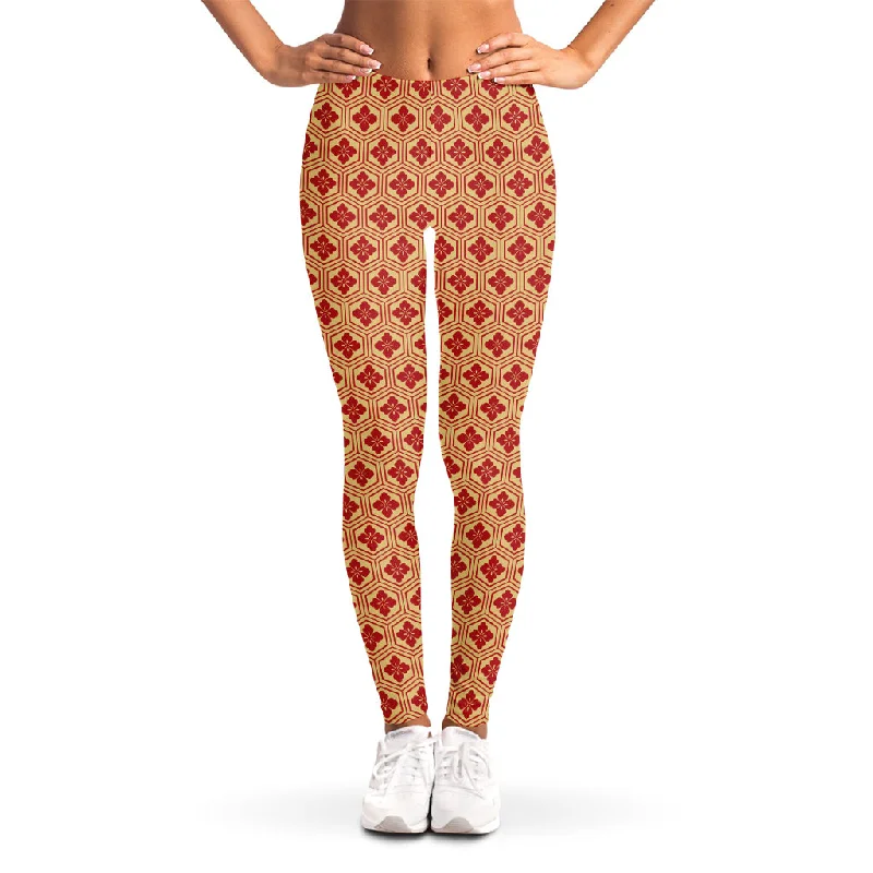 Red Japanese Flower Pattern Print Women's Leggings