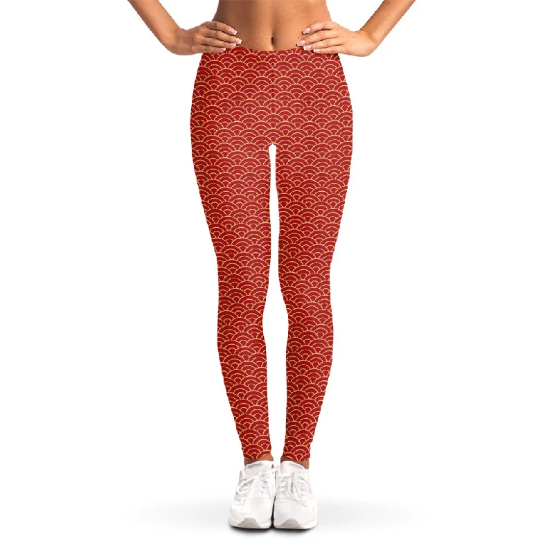 Red Japanese Wave Pattern Print Women's Leggings