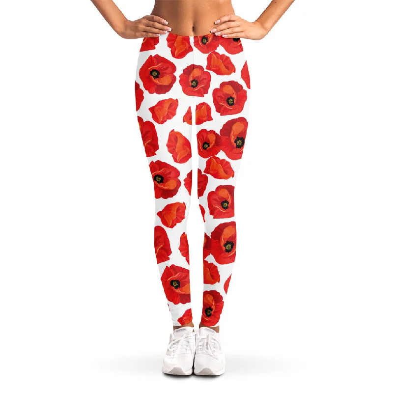 Red Poppy Pattern Print Women's Leggings