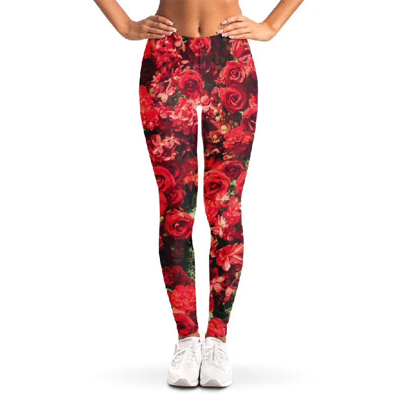 Red Rose Flower Print Women's Leggings