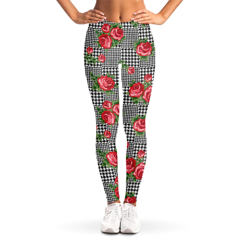 Red Roses Houndstooth Pattern Print Women's Leggings