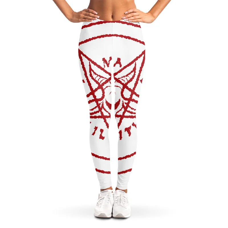 Red Satanic Pentagram Symbol Print Women's Leggings