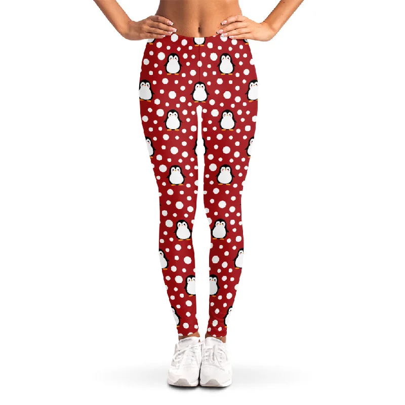 Red Snow Penguin Pattern Print Women's Leggings