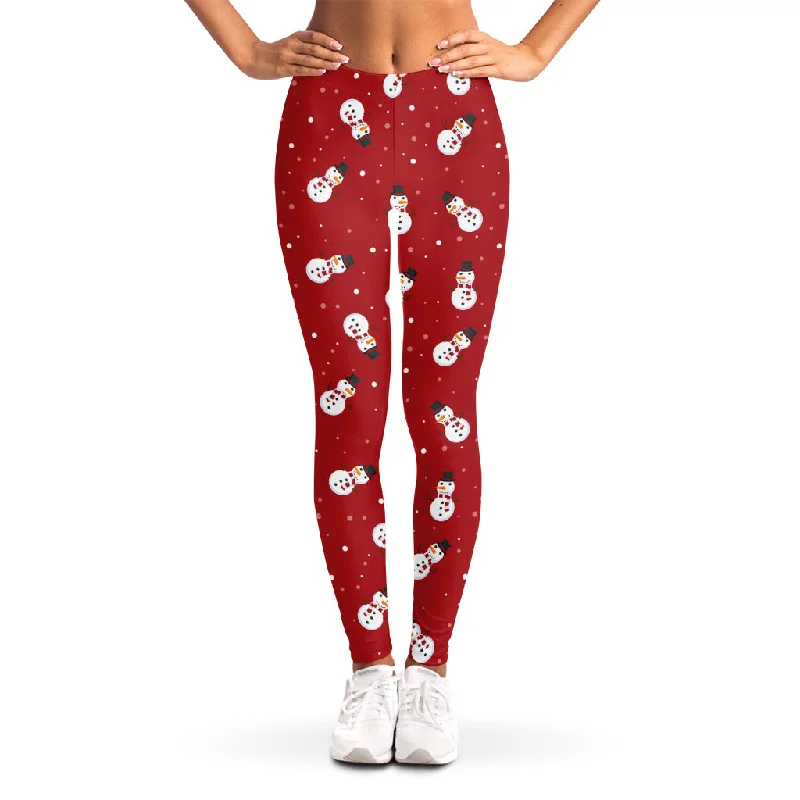 Red Snowman Pattern Print Women's Leggings