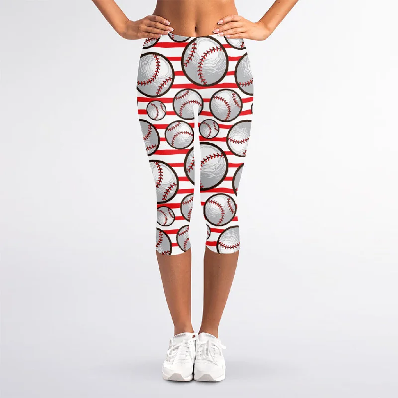 Red Striped Baseball Pattern Print Women's Capri Leggings