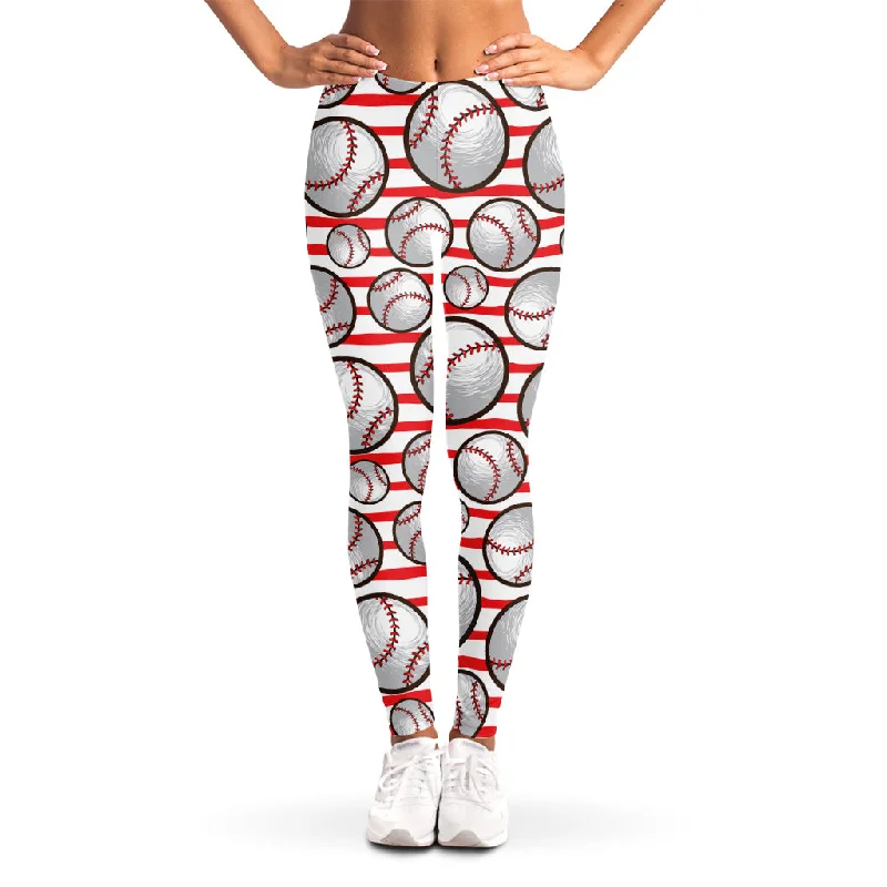 Red Striped Baseball Pattern Print Women's Leggings