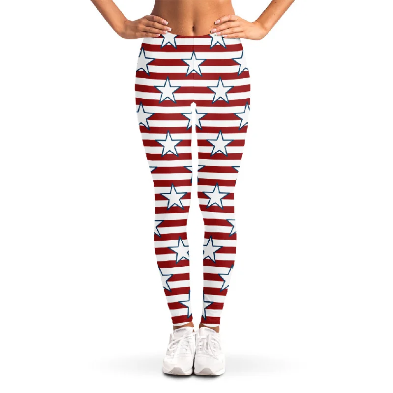 Red Striped USA Star Pattern Print Women's Leggings