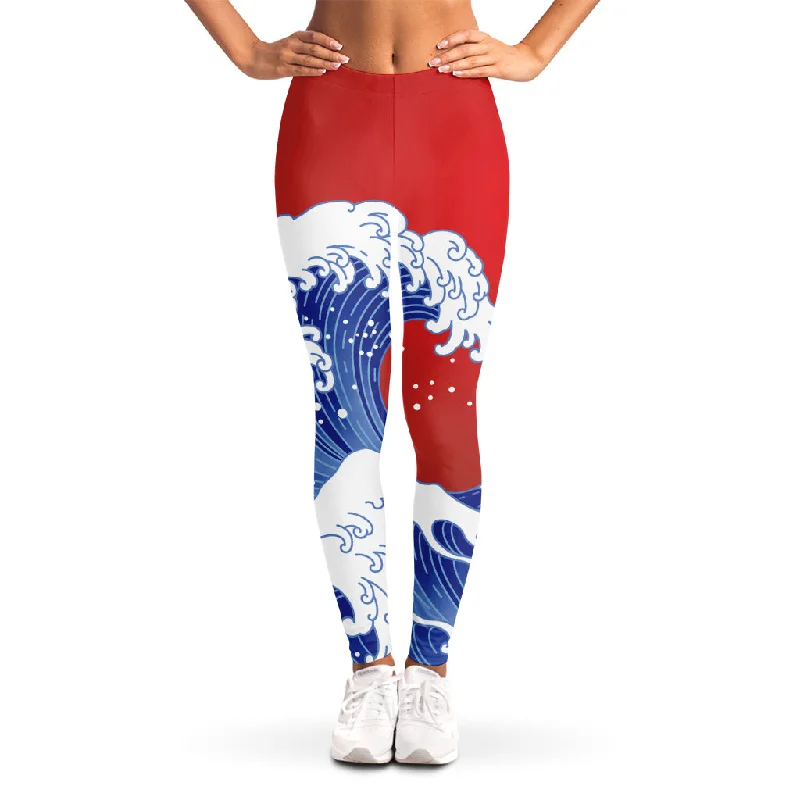 Red Sun Japanese Wave Print Women's Leggings