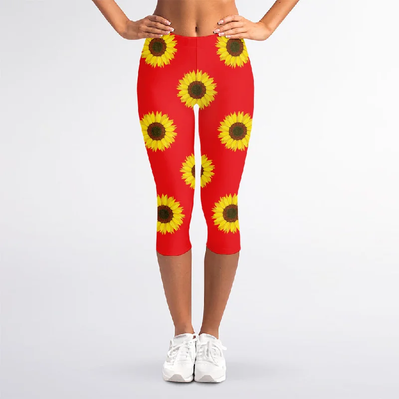 Red Sunflower Pattern Print Women's Capri Leggings