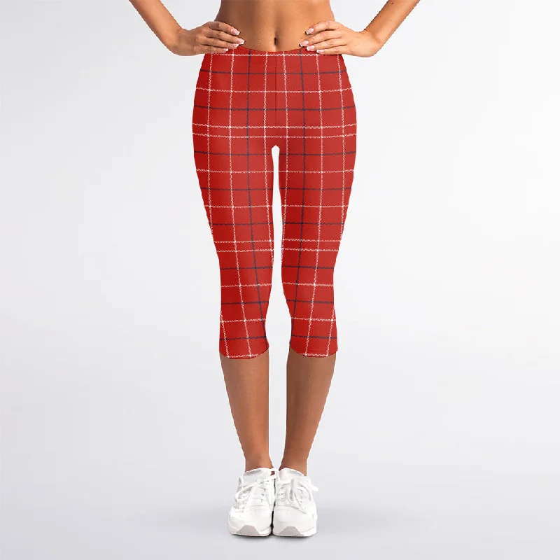 Red Tattersall Pattern Print Women's Capri Leggings