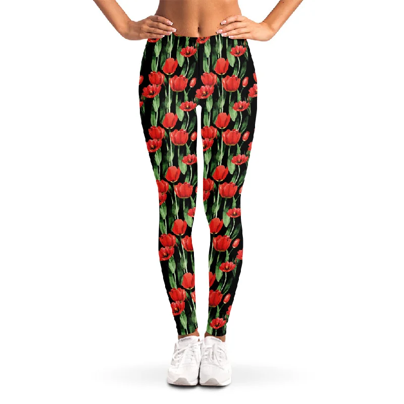 Red Watercolor Tulip Pattern Print Women's Leggings