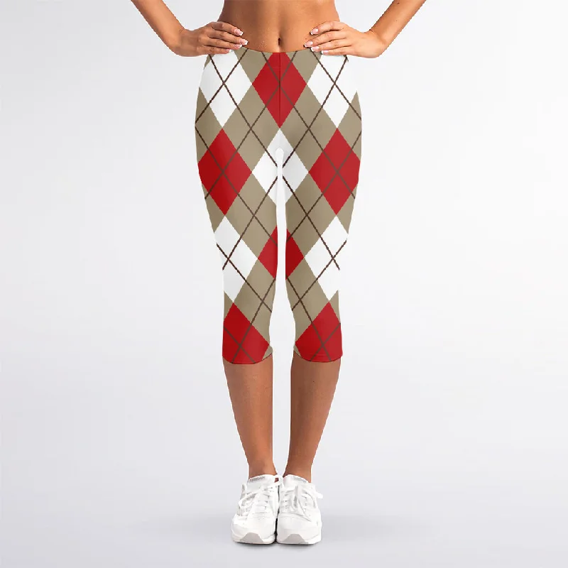 Red White And Beige Argyle Pattern Print Women's Capri Leggings