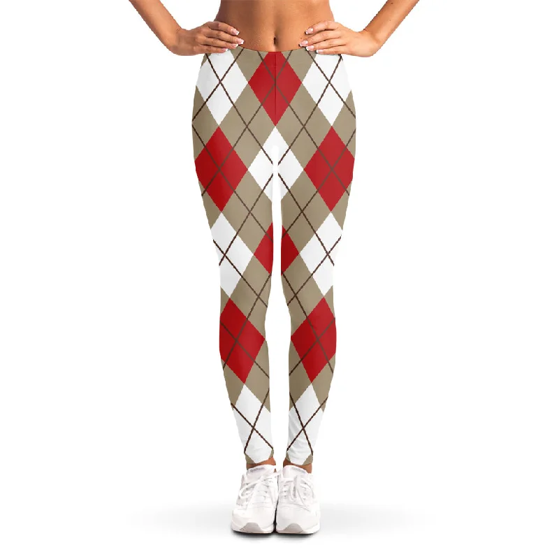 Red White And Beige Argyle Pattern Print Women's Leggings