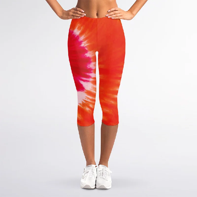 Red Yellow And Orange Tie Dye Print Women's Capri Leggings