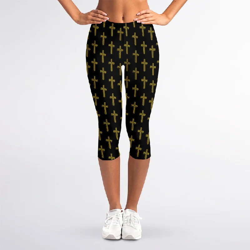 Religious Cross Pattern Print Women's Capri Leggings