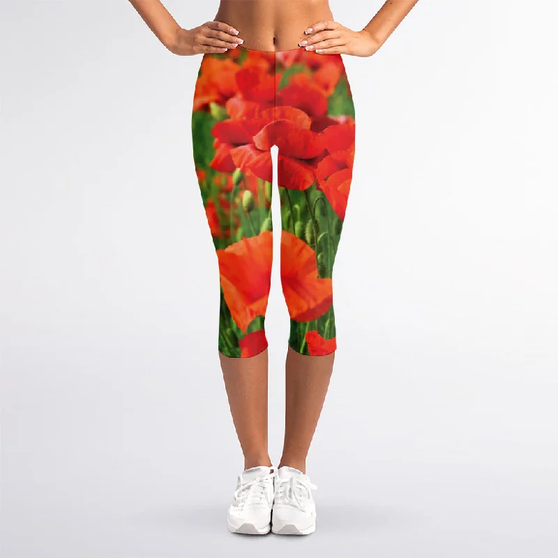 Remembrance Day Poppy Print Women's Capri Leggings