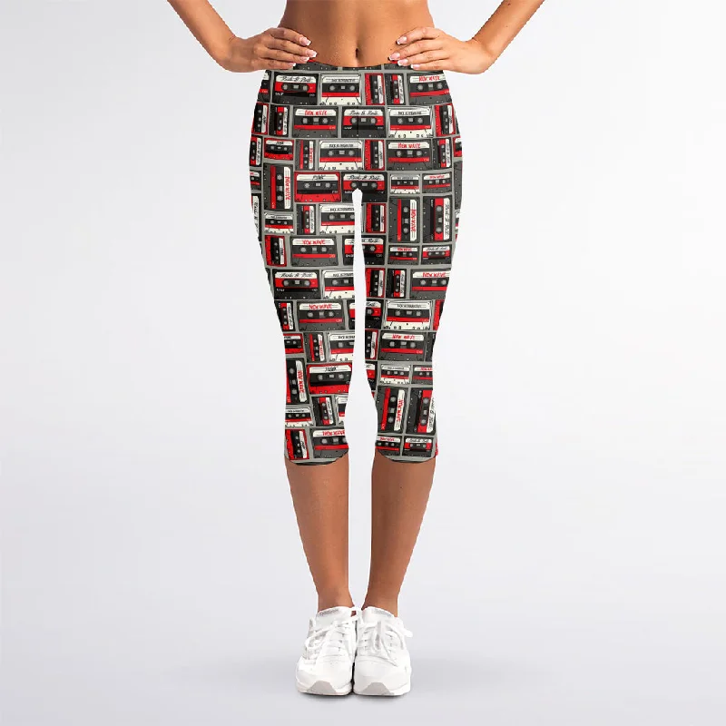 Retro Cassette Tape Pattern Print Women's Capri Leggings