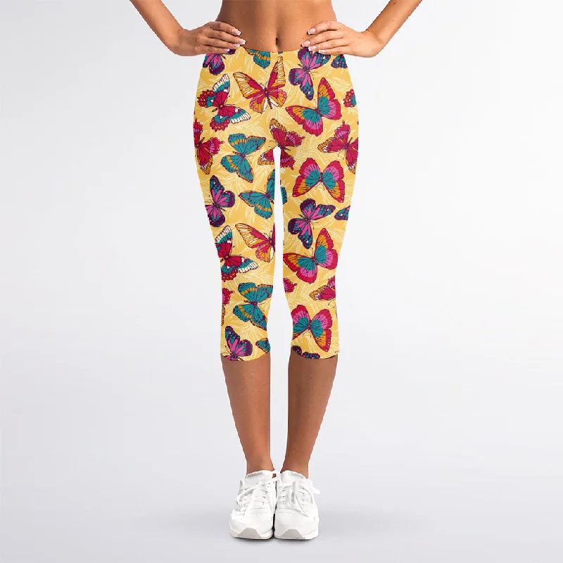 Retro Colorful Butterfly Pattern Print Women's Capri Leggings