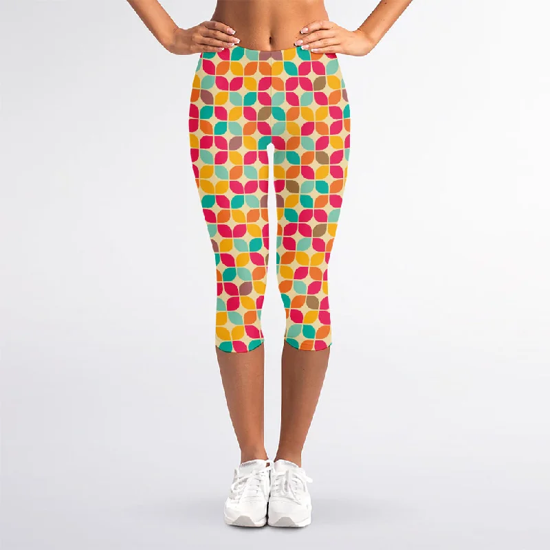 Retro Geometric Rounded Square Print Women's Capri Leggings