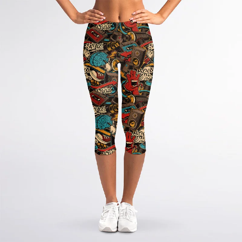 Retro Graffiti Pattern Print Women's Capri Leggings