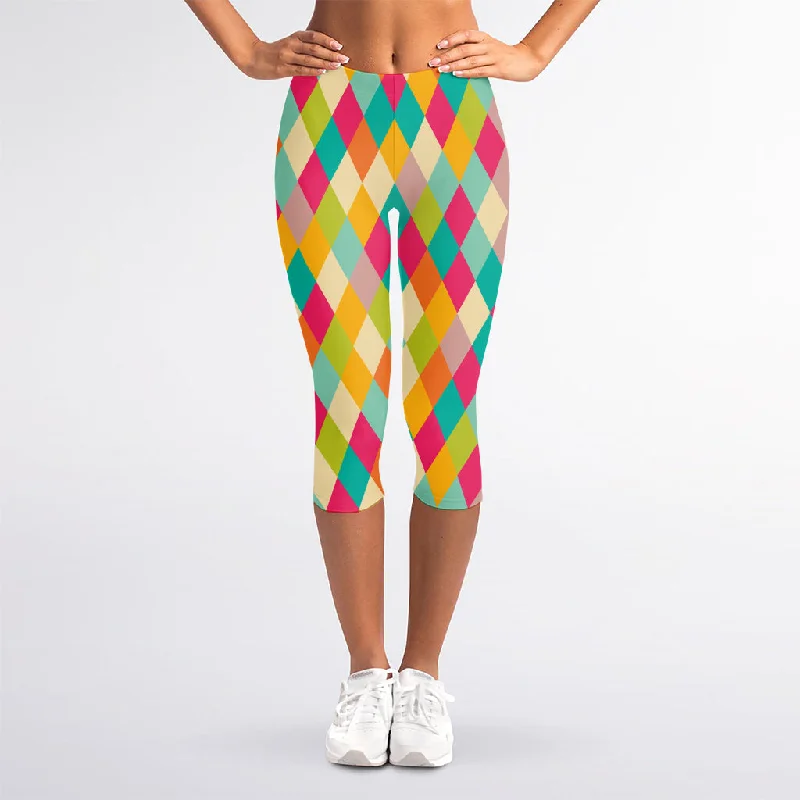 Retro Harlequin Pattern Print Women's Capri Leggings