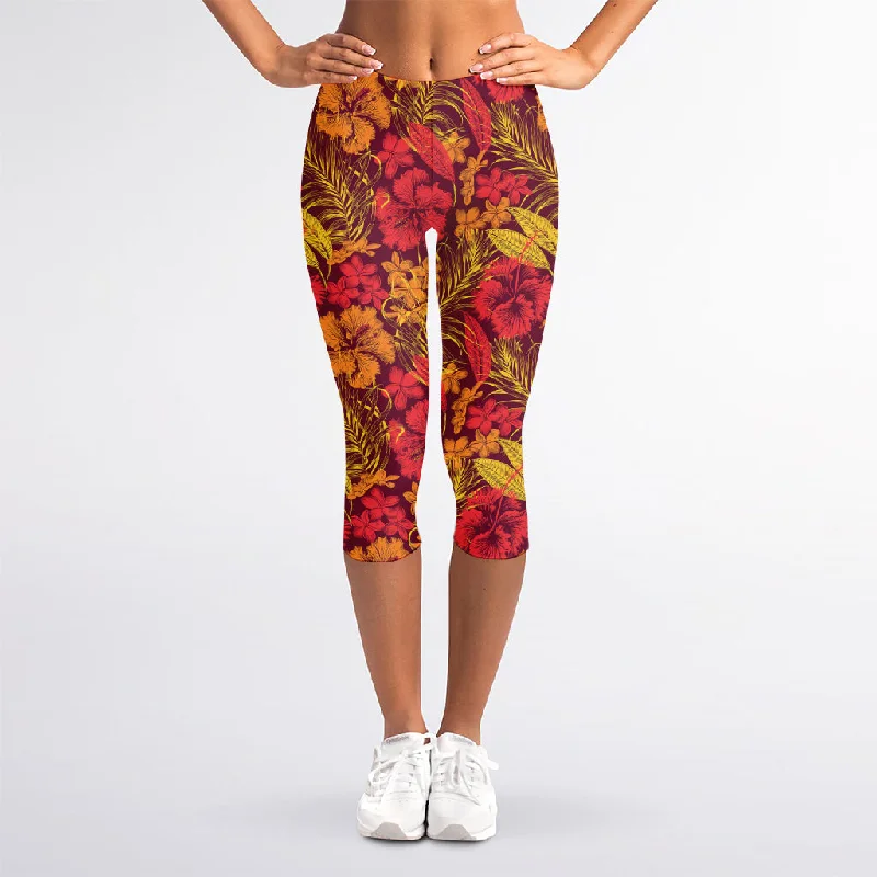 Retro Hawaiian Tropical Floral Print Women's Capri Leggings